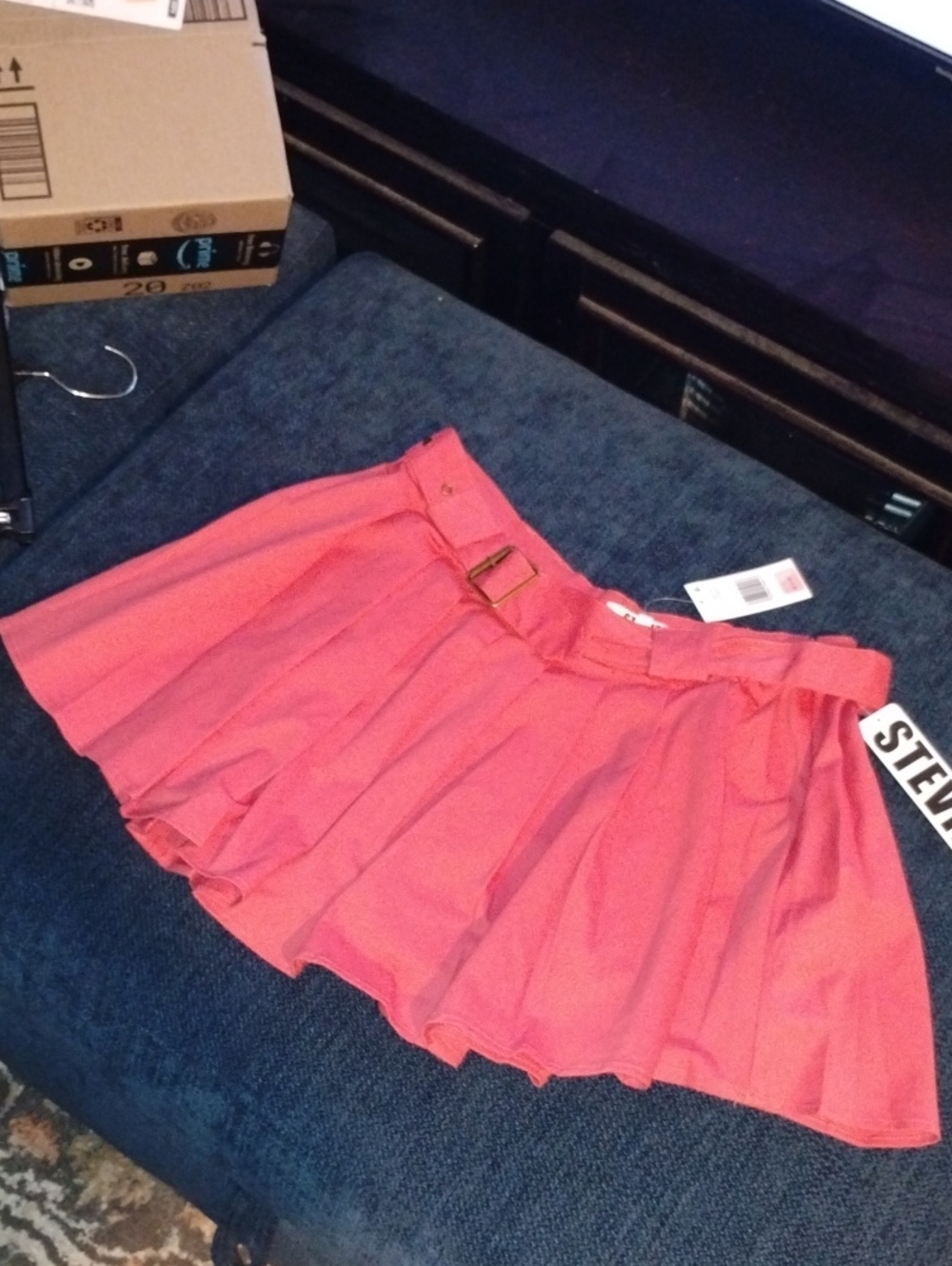Steve Madden Coral Pink Pleated Skater Mini Skirt with Buckle